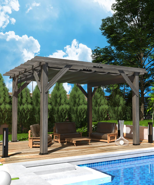 DEXSO 10'X 12' Cedar Wood Pergola with Solid Structure, Retractable Shade Canopy, Durable, Rot Resistant, Patio Pergola for Backyard, Deck, Garden, Outdoor Entertaining