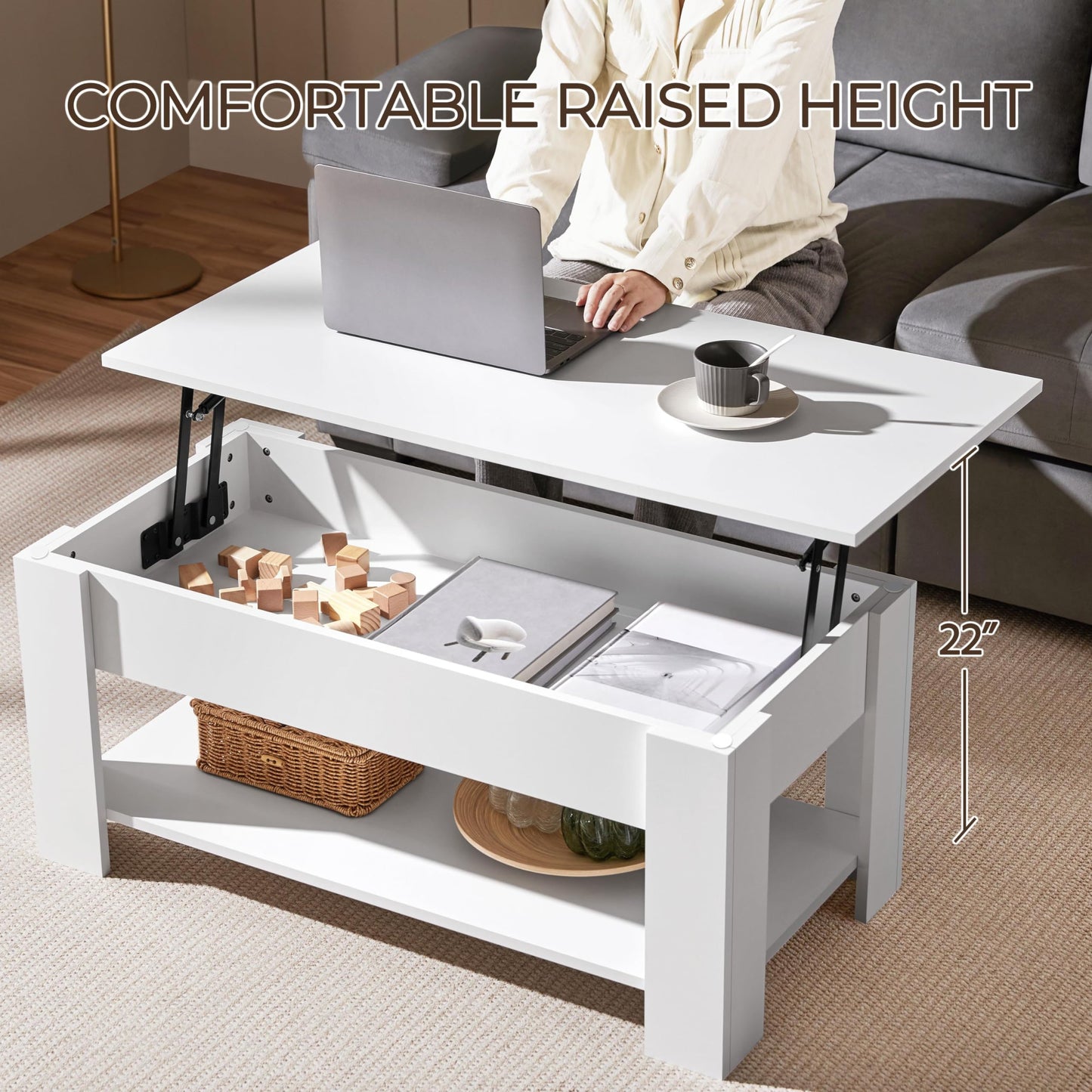 Yaheetech Lift Top Coffee Table w/Hidden Storage Compartment and Storage Shelf - Lift Tabletop for Living Room Reception Room, White