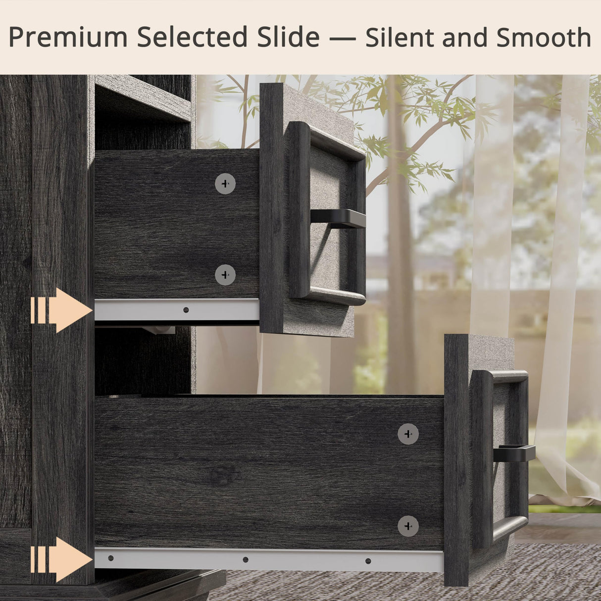 LIKIMIO Farmhouse Nightstand with Storage Drawers and Open Shelf, Small End Tables Living Room, Rustic Wood Side Tables for Bedroom, Roman Column Design, Charcoal Grey LIKIMIO