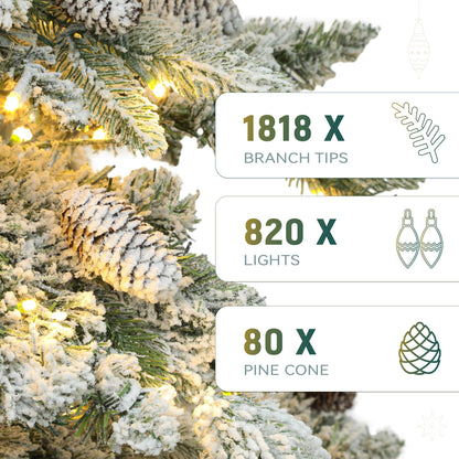 YITAHOME Pre-Lit Mountain Pine Flocked Artificial Christmas Tree, 9FT Pre-Decorated Pine Hierarchical Tower Flocked Christmas Tree, 1818 Branch Tips, 820 Lights, 80 Pine Cones for Party Home Deco