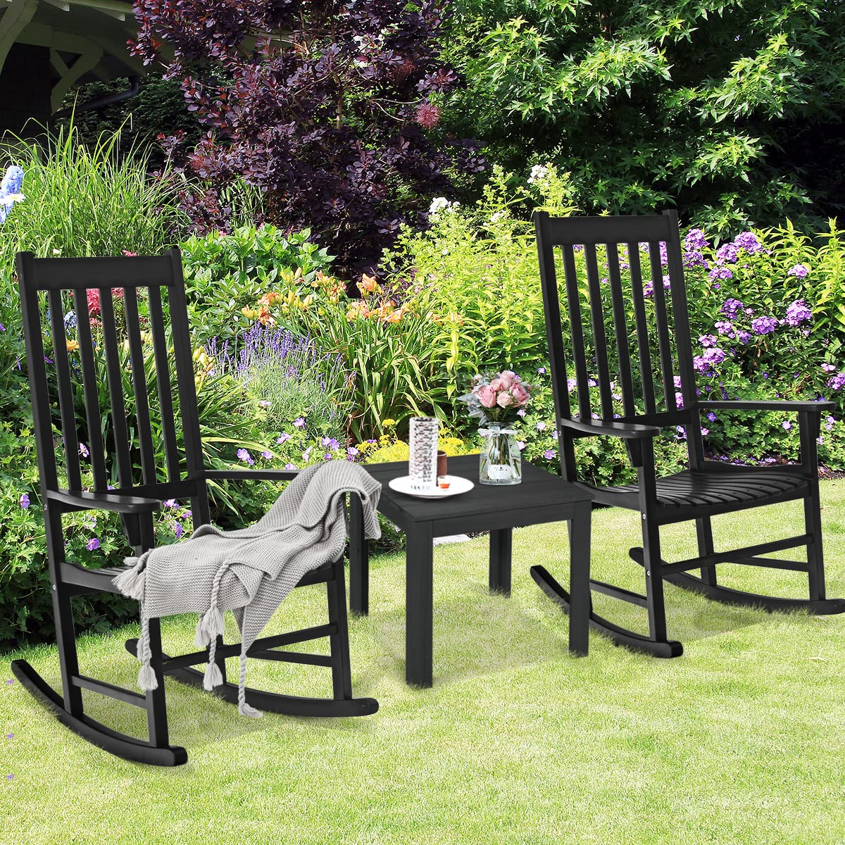 Tangkula Acacia Wood Porch Rocking Chair Set, Wooden Rocking Chair Rocker with High Back & Armrest for Indoor Outdoor Use, Patio Rocker for Garden Lawn Balcony Backyard Poolside (2, Black) Tangkula