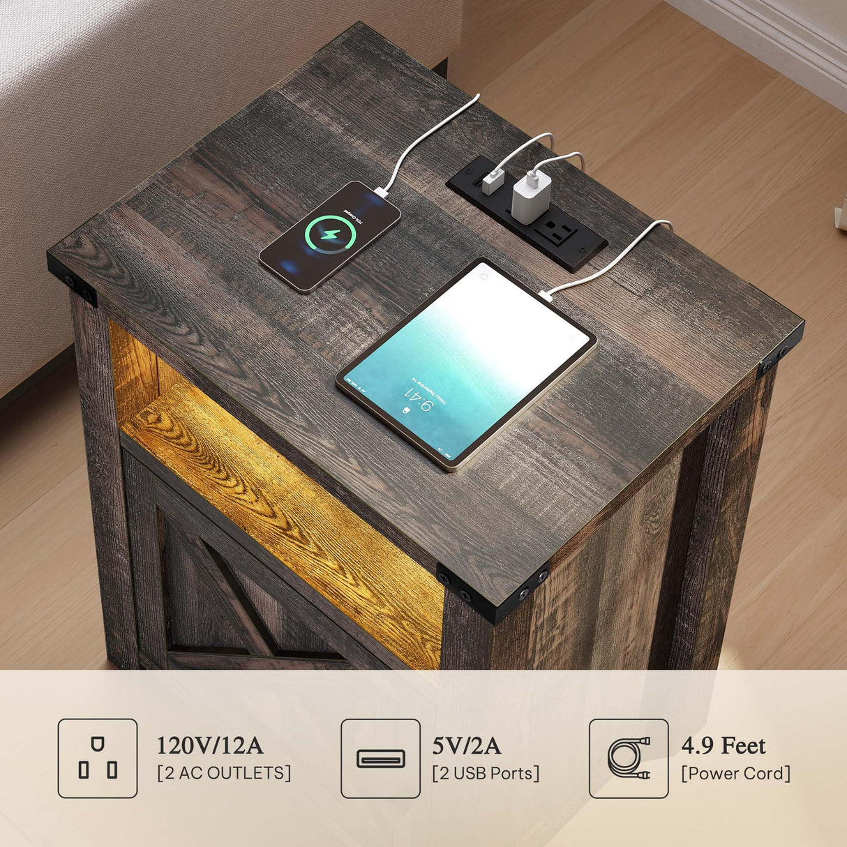 YITAHOME Farmhouse Nightstand with Charging Station & LED Lights, Night Stand Set 2 Living Room End Table, Small Bedside Tables Side Tables Bedroom, Rustic Wood Night Stand, Set of 2, Brown Oak YITAHOME