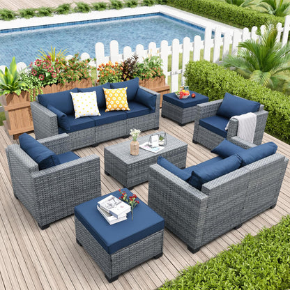 Lviden 7 Piece Wicker Patio Furniture Sets Outdoor Conversation Set, PE Rattan Sectional Sofa Couch with Storage Table and Non-Slip Navy Blue Cushions, Furniture Covers Included - WoodArtSupply