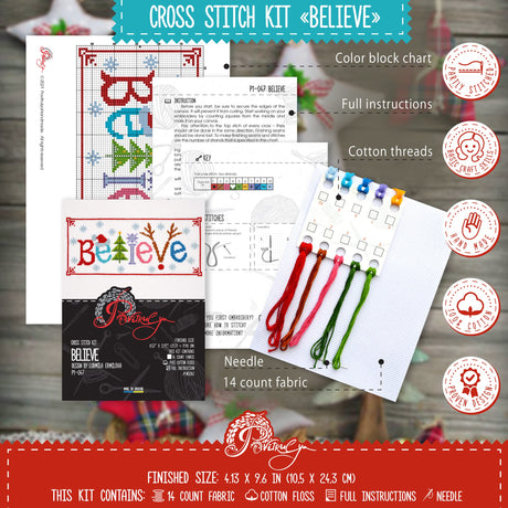 Counted Cross Stitch Kit 'Believe' - Embroidery Set for The Holidays, Encouragement, or Inspiring Everyday Possibilities with a Christmas Tree, Snowflake, Deer and Santa Hat Povitrulya