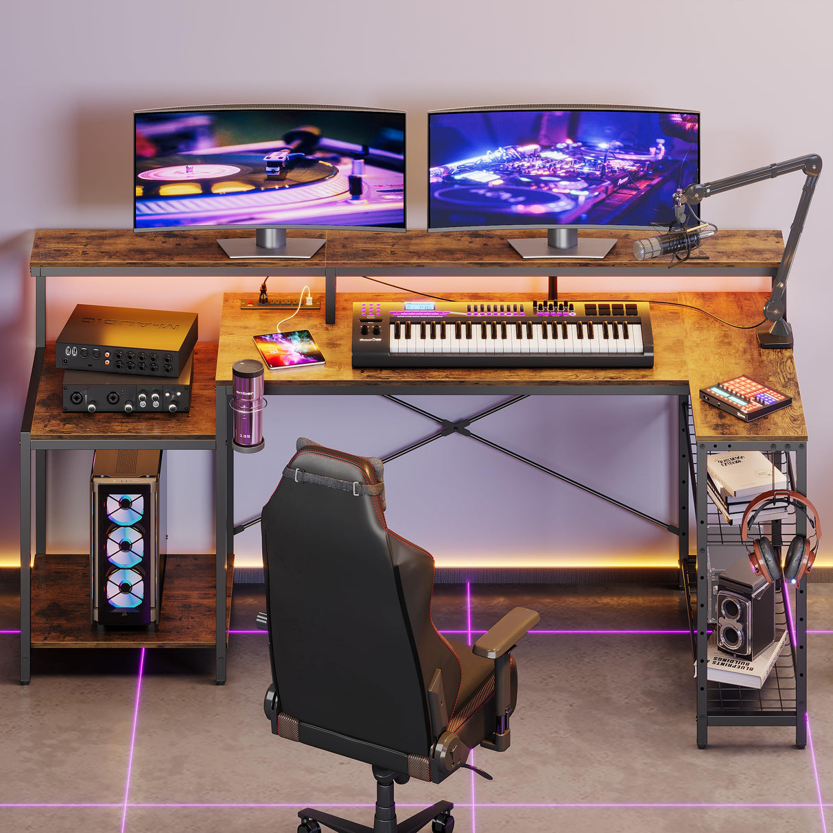 Bestier 71.5 inch Computer Desk with Power Outlets, LED Large Home Office Desk with Monitor Stand, L Shaped Corner Desk with Printer Stand Adjustable Shelf, Cup Holder & Headset Hooks, Brown Bestier