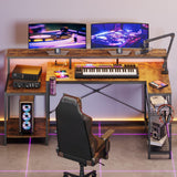 Bestier 71.5 inch Computer Desk with Power Outlets, LED Large Home Office Desk with Monitor Stand, L Shaped Corner Desk with Printer Stand Adjustable Shelf, Cup Holder & Headset Hooks, Brown Bestier