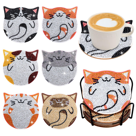 handlish 6 Pieces of Cute cat Diamond Art Coaster with Stand, Adult and Child Diamond Painting Art Set, DIY Diamond Art for Beginners, Family Craft Items (CAT) handlish