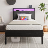 VECOCHO Twin Bed Frame with Charging Station and LED Lights,Upholstered Headboard with Storage Shelves,Heavy Duty Metal Slats, No Box Spring Needed,Noise Free, Easy Assembly,Black and Dark Grey VECOCHO