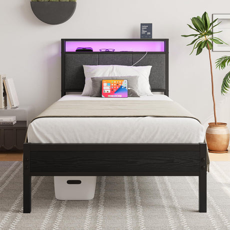 VECOCHO Twin Bed Frame with Charging Station and LED Lights,Upholstered Headboard with Storage Shelves,Heavy Duty Metal Slats, No Box Spring Needed,Noise Free, Easy Assembly,Black and Dark Grey VECOCHO