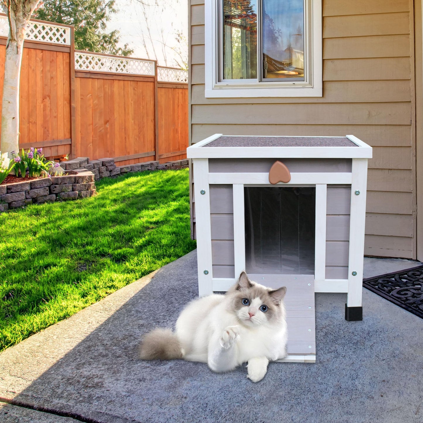 Rockever Outdoor Cat House,Outdoor cat Houses for Feral Cats Weatherproof Rabbit Hutch Small, Wooden Small Pet House and Habitats-Grey with Mat