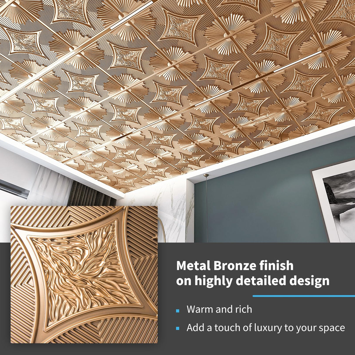 Art3d Drop Ceiling Tiles 24x24 in Bronze (12-Pack, 48 Sq.ft), 3D Wainscoting Panels Glue Up 2x2 Art3d
