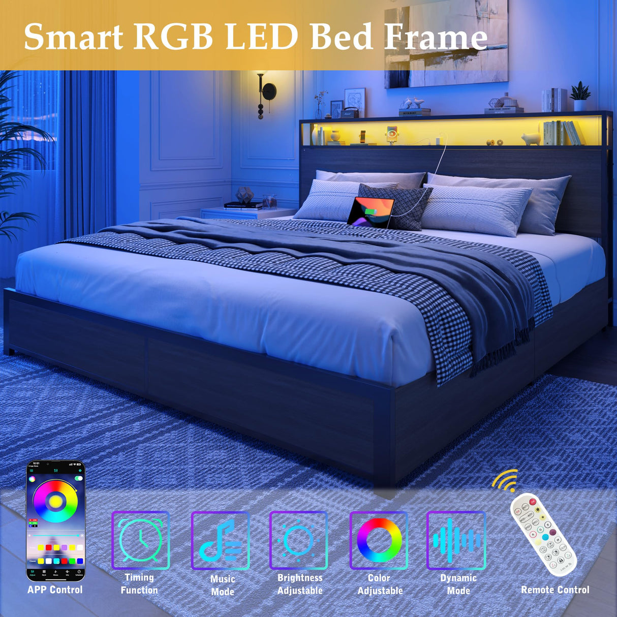 Lifezone King Bed Frame with 2-Tier Storage Headboard, Metal Platform Bed Frame with 4 Storage Drawers, Built in Charging Station & LED, Noise-Free/Metal Support/No Box Spring Needed, Rustic Grey Lifezone