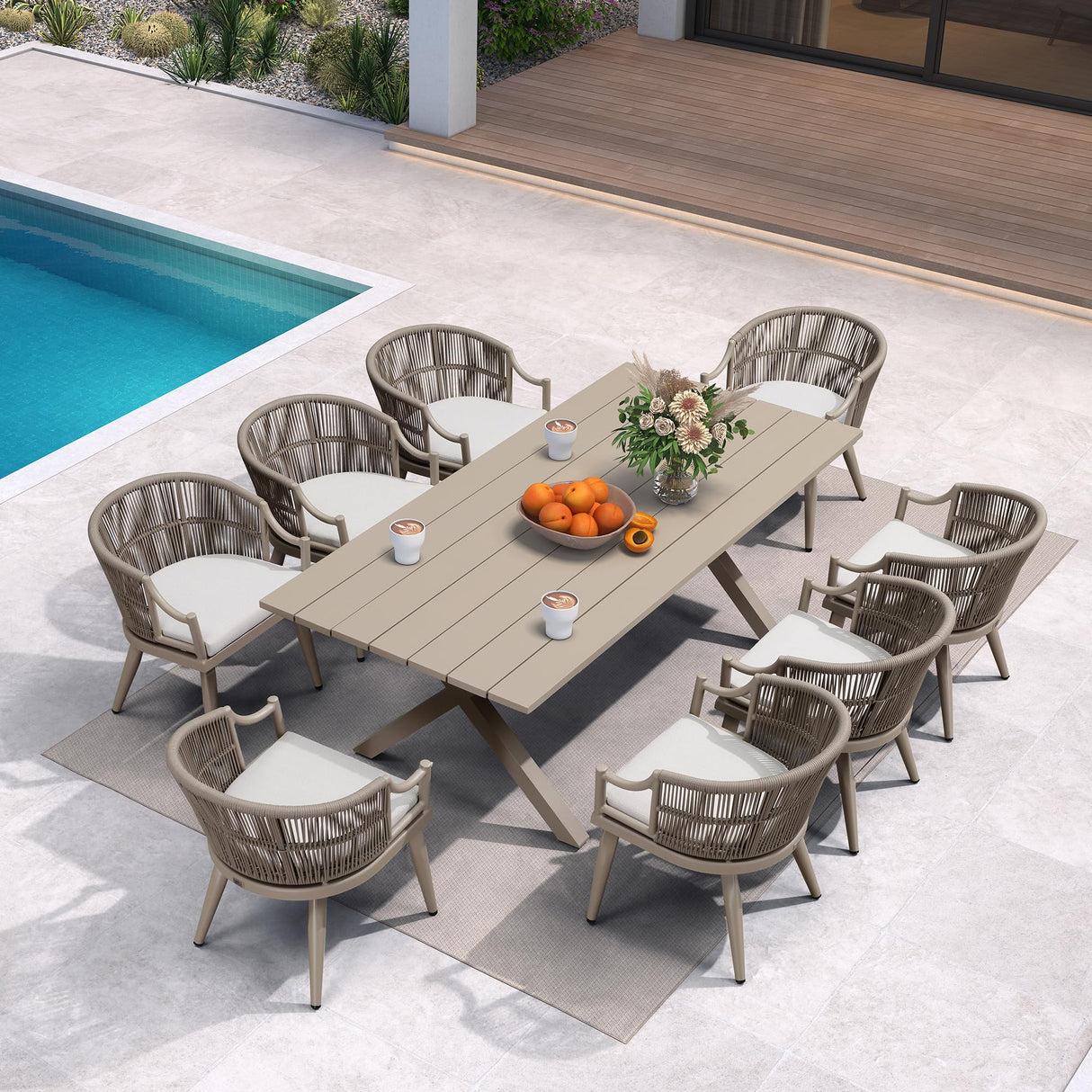 PURPLE LEAF 9 Pieces Outdoor Dining Set All Weather Wicker Patio Dining Set with Rectangular Aluminum Table and Modern Armrest Dining Chairs for Garden Deck Backyard Kitchen, Champagne PURPLE LEAF