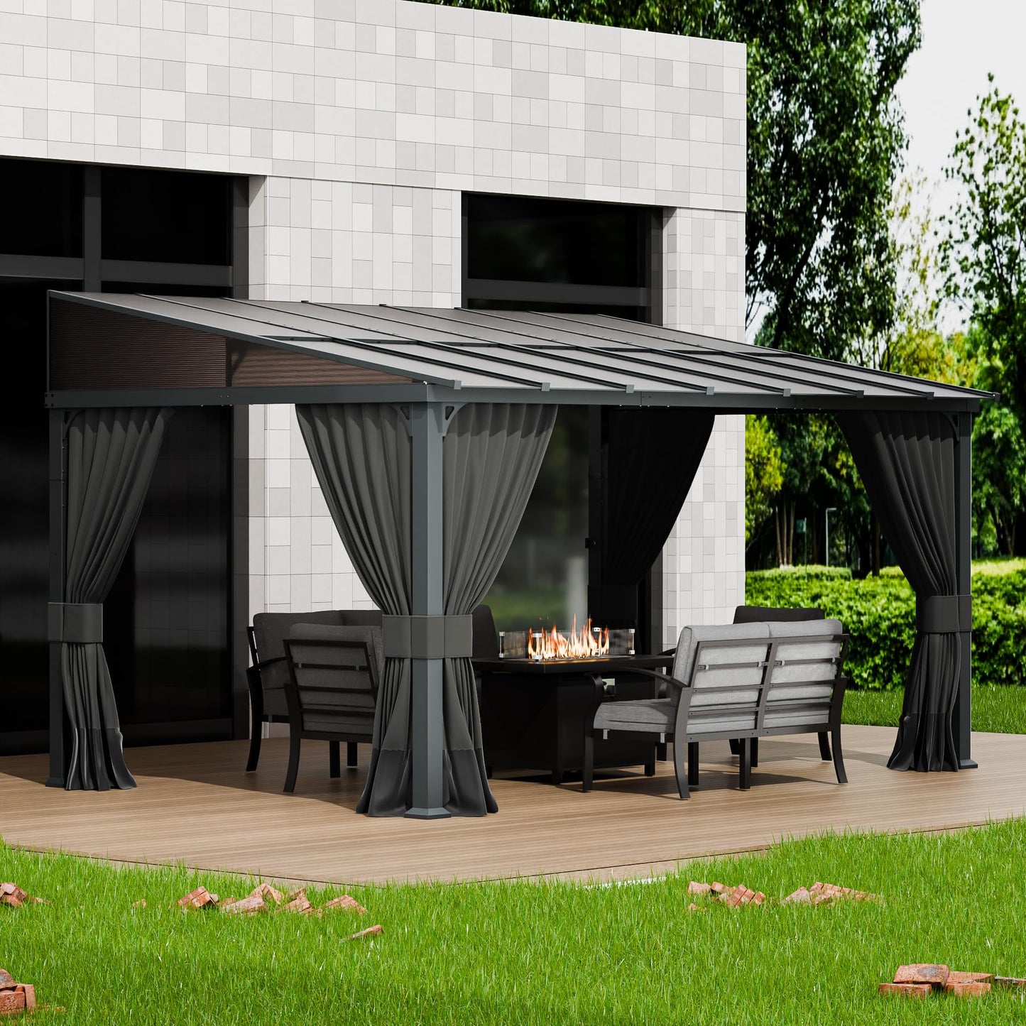 ASJMR 10x14FT Gazebo, Hardtop Wall Mounted Gazebo with Sloping Sun Panel Roof, Awnings for Patio with Metal Frame, Double Curtains for Garden, Lawn, Backyard Deck, Sand