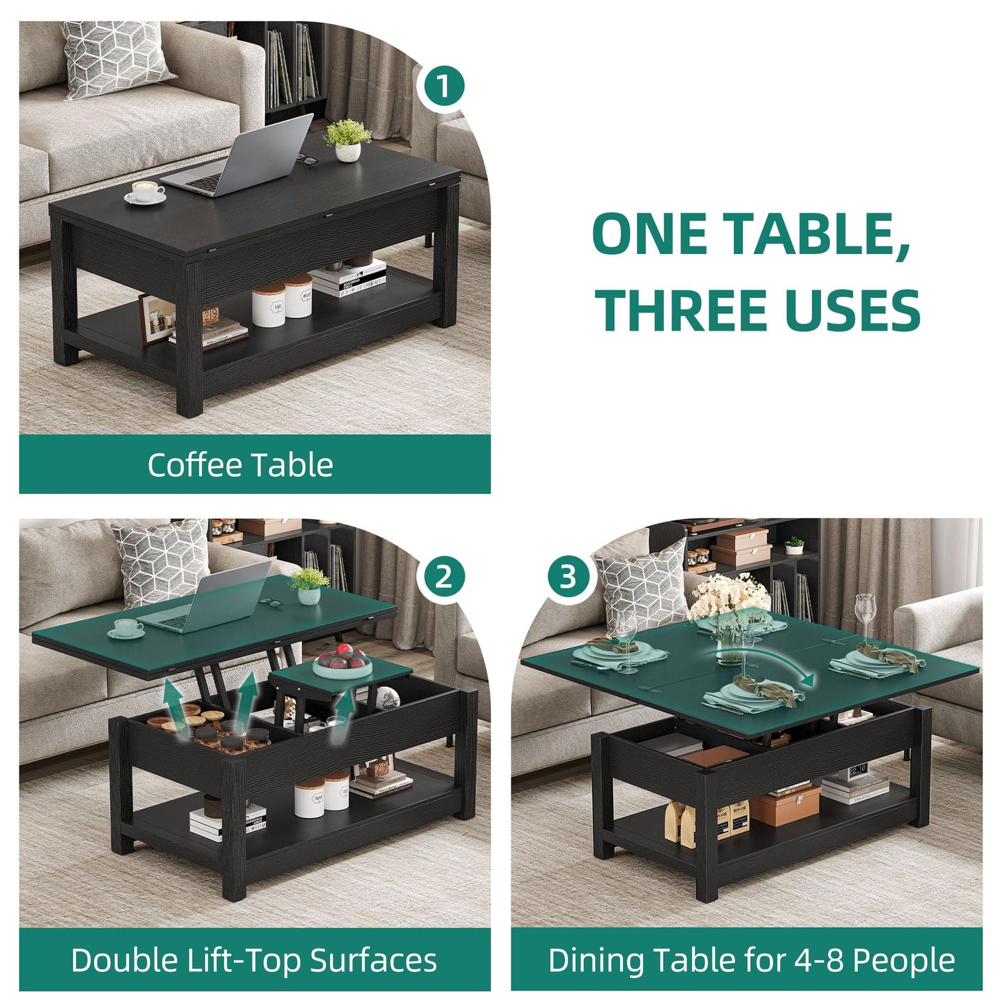 YITAHOME Lift Top Coffee Table, 3 in 1 Multi-Function Coffee Tables with Storage for Living Room, Farmhouse Modern Dining Table for Small Reception Room/Home Office, Black