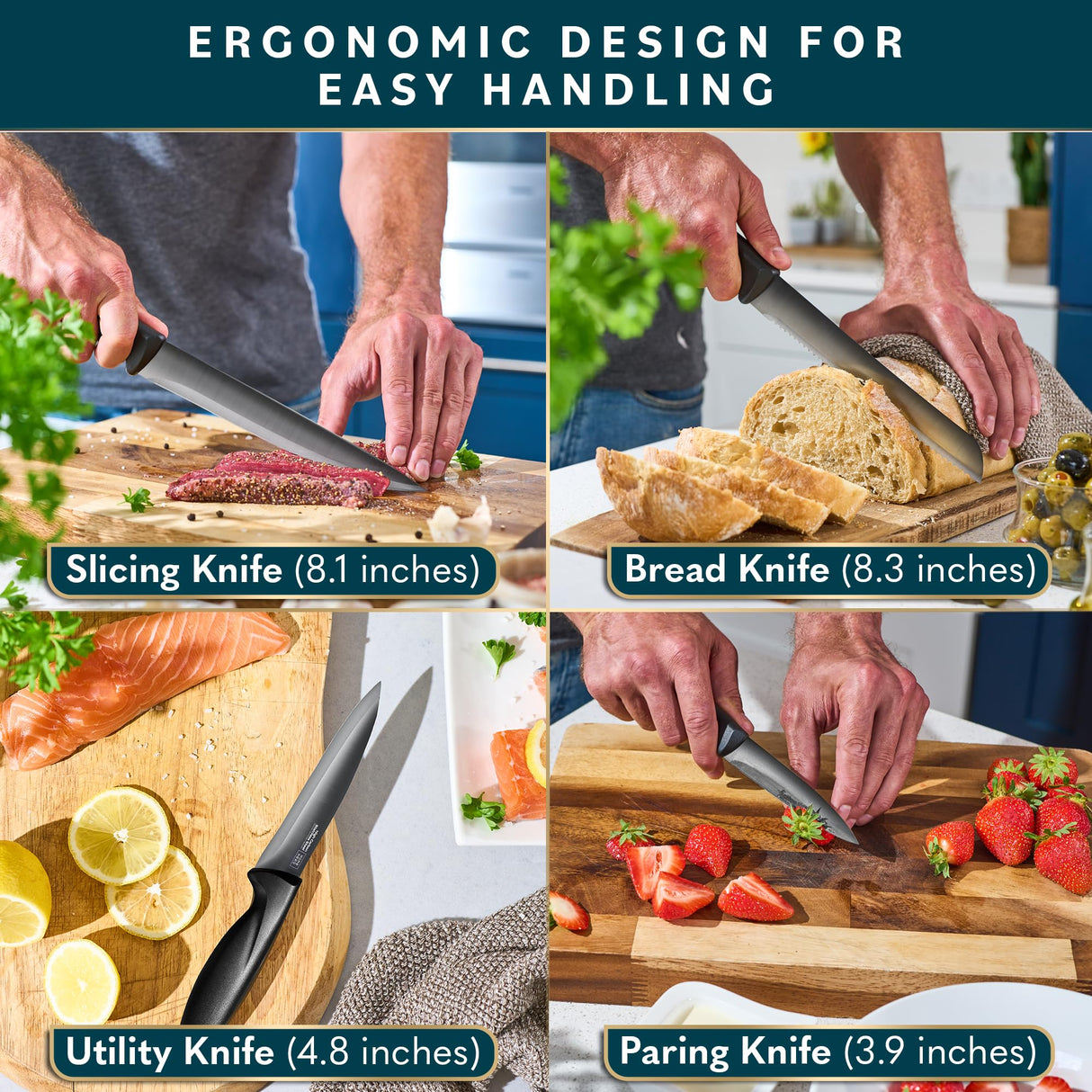 Home Hero Kitchen Knife Set with Sharpener - High Carbon Stainless Steel Knife Block Set with Ergonomic Handles (16 Pcs - Black) Home Hero