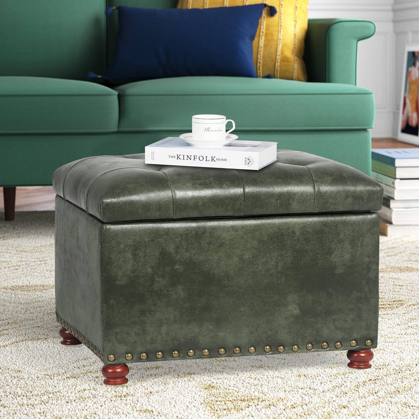 Joveco Storage Ottoman Rectangular Tufted Upholstered Ottomans with Rivet, Footrest Footstool Seat with Wood Legs for Living Room Bedroom (Black Green)