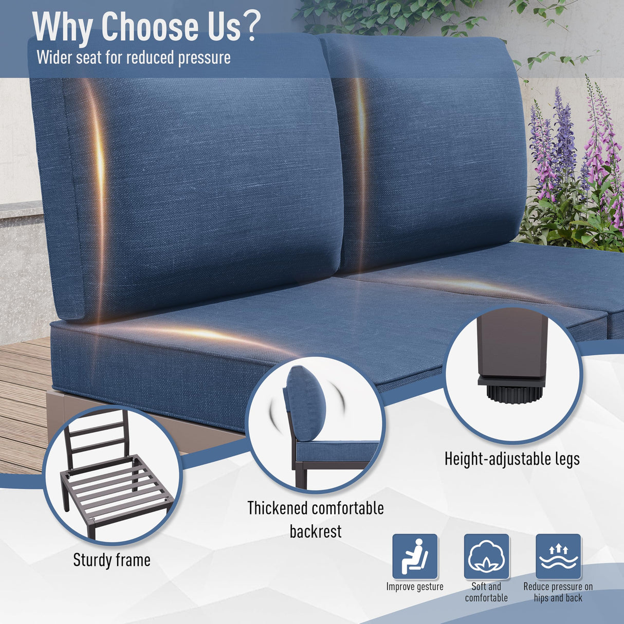 Kurapika 7 Pieces Metal Patio Furniture Set Modern Metal Outdoor Conversation Sets, Patio Sectional Sofa w/5 Inch Cushion and Coffee Table, Navy Blue Kurapika