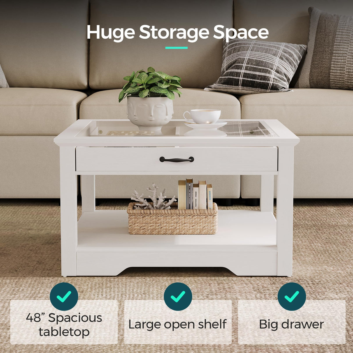 LINSY HOME Coffee Table, 31.5" Square Coffee Table with Glass Tabletop, Open Display Area and Storage Drawer, Modern Farmhouse Center Table for Living Room, White LINSY HOME