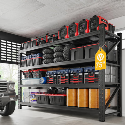 Fesbos 9000LBS Metal Steel Storage Shelves - 75" W Black 4 Tier Heavy Duty Rack Commercial Industrial Shelving with Adjustable Shelf for Basement Garage Warehouse - 75" W x 24" D x 70" H
