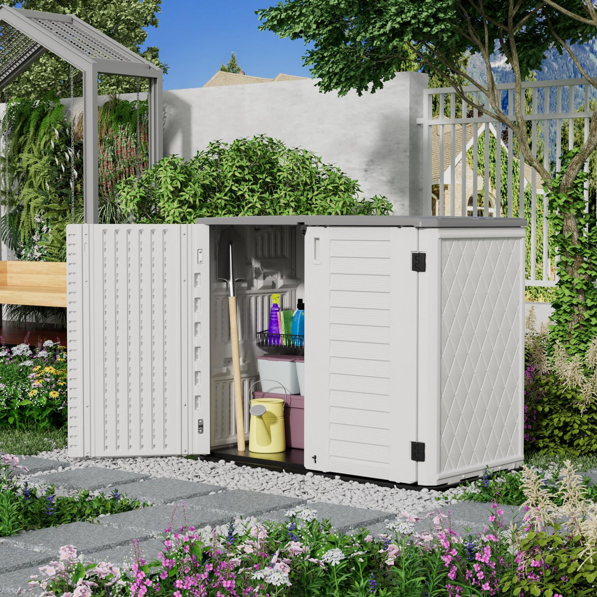 Mrosaa Outdoor Patio Storage Shed,Waterproof Horizontal Outdoor Storage Cabinet for Garbage Cans,Tools and Lawnmower Lockable(34 Cu.ft-Warm-White) Mrosaa