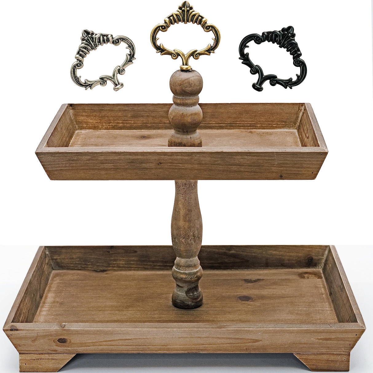 Felt Creative Home Goods Rustic Wood Two Tiered Tray Rectangle 2 Tier Serving Tray for Coffee Bar, Kitchen Counter, Dining Room Table, Cupcake Stand, Holiday and Farmhouse Decor (Rustic Brown) Felt Creative Home Goods