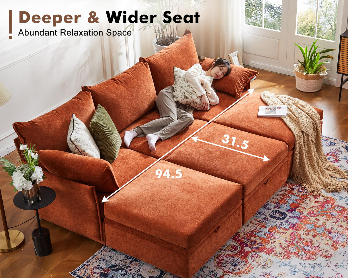ABCASA Luxury Modular Sectional Sofa w/Storage Otoman, 99" U Shaped Modular Couch with Reversible Chaise, 5 Seater Sofa for Living Room, Apartment, Compact Spaces - Chenille Terracotta ABCASA
