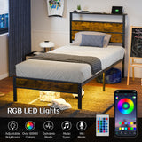 Twin Bed Frame with Storage Headboard and USB Charging Station, Smart LED Lights, Noise Free, Metal Platform Bed Easy Assembly, No Box Spring Needed Liians