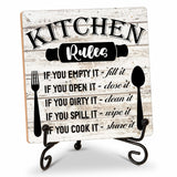 Rustic Wood Plaque with Stand - Kitchen Decor - Kitchen Rules Wood Sign - Idea Wooden Decor for Home Living Room Dining Room Shelf Table Decoration (31) DETIHO