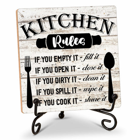 Rustic Wood Plaque with Stand - Kitchen Decor - Kitchen Rules Wood Sign - Idea Wooden Decor for Home Living Room Dining Room Shelf Table Decoration (31) DETIHO