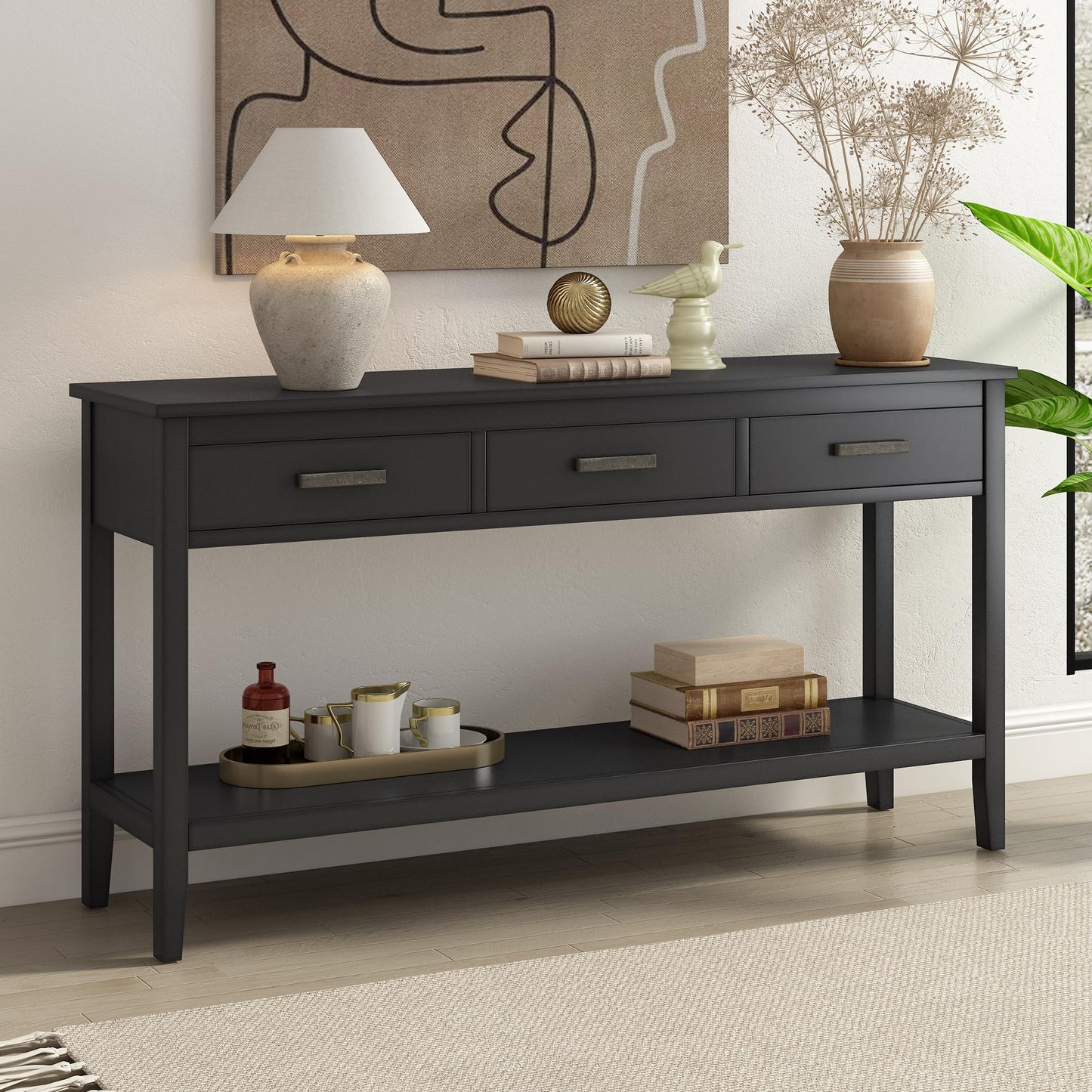 Merax Entryway Console Table with Storage, 3 Drawers Design/Wood Frame/Behind Couch & Sofa, Black - WoodArtSupply