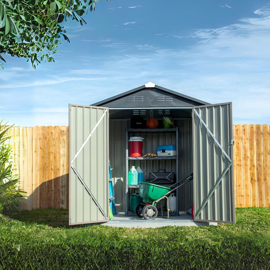 Metal Outdoor Galvanized Steel Storage Shed with Lockable Doors for Backyard or Patio Storage of Bikes, Grills, Supplies, Tools, Toys, for Lawn, Garden, and Camping, Tan (6x4) - WoodArtSupply