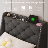 Feonase Twin Bed Frames with Luxury Wingback and Fast Charging Station,Twin Size Upholstered Button Tufted Storage Headboard Platform Bed,Sturdy Wooden Slats Support,Noise-Free,Easy Assembly,Dark Gray Feonase