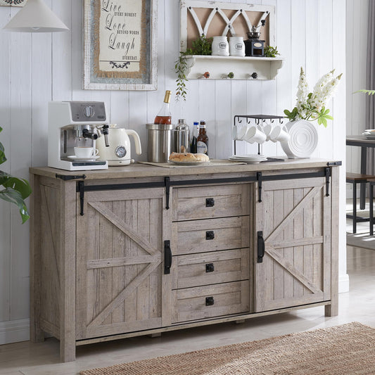 Rustic Oak Farmhouse Buffet Cabinet with Sliding Barn Doors and 4 Drawers - 60" Storage Solution