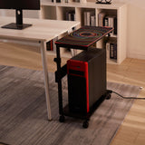 IRONKOM Adjustable Computer Tower Stand, 2-Tier ATX-Case CPU Holder Cart, Underdesk Mobile PC Standing Table, Gaming Accessories w Wheels & Mouse Pad w/Light, carben Fiber Finish, with sockets,Hooks IRONKOM