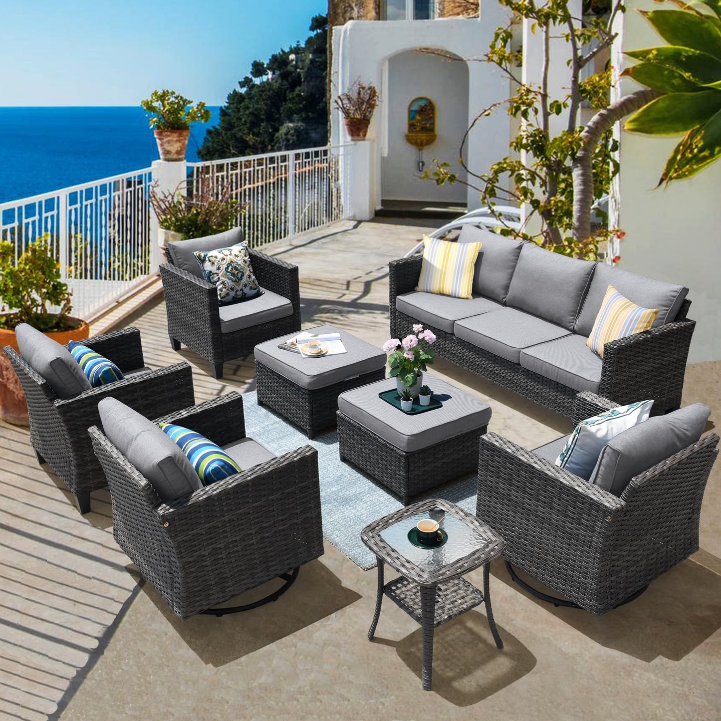 ovios Patio Furniture Set, 8 Piece Outdoor Wicker Sofa with Swivel Rocking Chairs and Comfy Cushions, High Back Rattan Couch Conversation Set, Dark Grey - WoodArtSupply