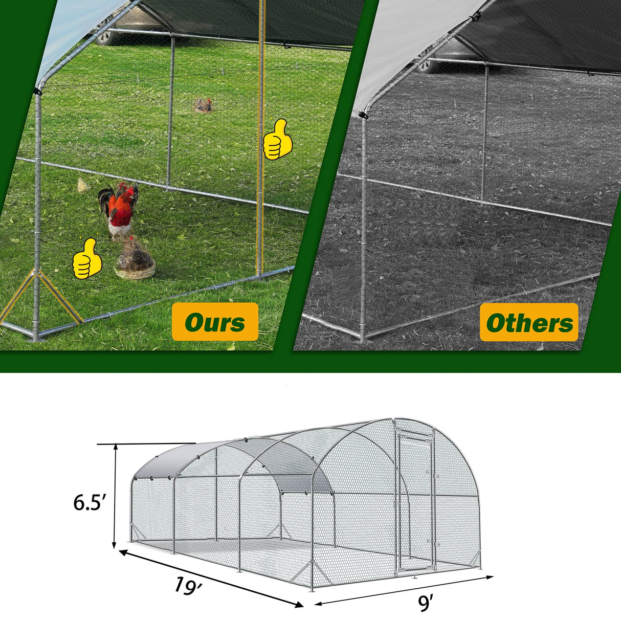 TOLEAD Large Metal Chicken Coop Upgrade Tri-Supporting Wire Mesh Chicken Run,Chicken Pen with Water-Resident and Anti-UV Cover,Duck Rabbit House Outdoor(9’ W x 19’ L x 6.5’ H) TOLEAD