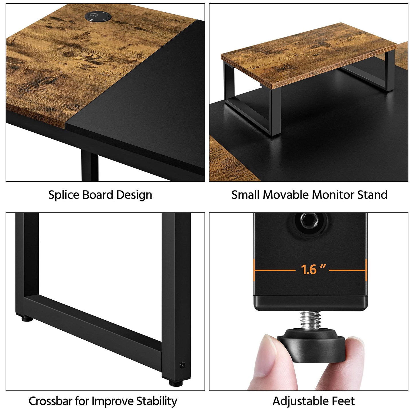 Yaheetech 55" Large Computer Desk with Movable Monitor Stand & Strong Legs, Modern Desk with Splice Board, Simple Writing Desk for Work/Study/Home/Gaming/Office, Rustic Brown & Black