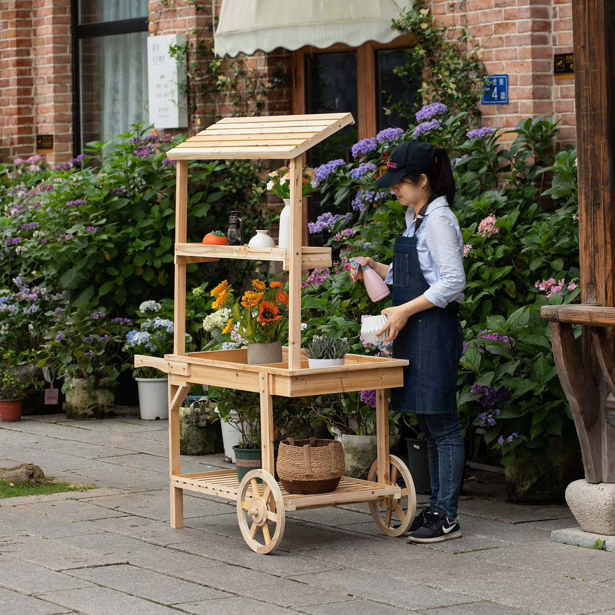 Antique Solid Wood Decor Display Rack Cart Wood Plant Stands with Wheels for Decor Display | 2 Wheeled Wood Wagon with Shelves for Plants and More Vintiquewise