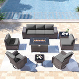 Kullavik 10 Pieces Outdoor Patio Furniture Set,PE Wicker Rattan Sectional Sofa Patio Conversation Sets with 43" 55000BTU Gas Propane Fire Pit Table,Swivel Rocking Chairs Set,Grey Kullavik