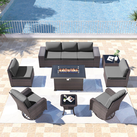 Kullavik 10 Pieces Outdoor Patio Furniture Set,PE Wicker Rattan Sectional Sofa Patio Conversation Sets with 43" 55000BTU Gas Propane Fire Pit Table,Swivel Rocking Chairs Set,Grey Kullavik