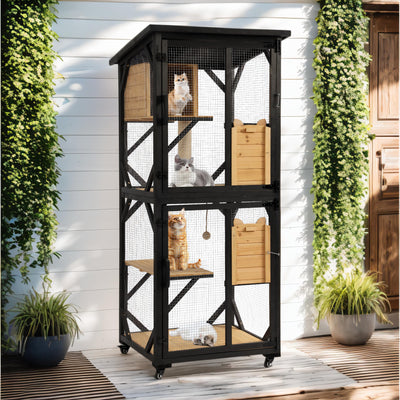 GIODIR 71" H Cat Catio Outdoor Cat Enclosure Window, 4 Tiers Cats Wooden House Cage on Wheels, Large Catios for Cats Indoor Patio with Waterproof Roof, Removable Floor and Scratching Post(Black)