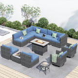 HOOOWOOO 13 Piece Patio Sectional Furniture Set with Fire Pit Table,Modern Wicker Outdoor Conversation Sofa Sets,All Weather Modular L Shaped Outside Couch Swivel Chair Set(Denime Blue) HOOOWOOO