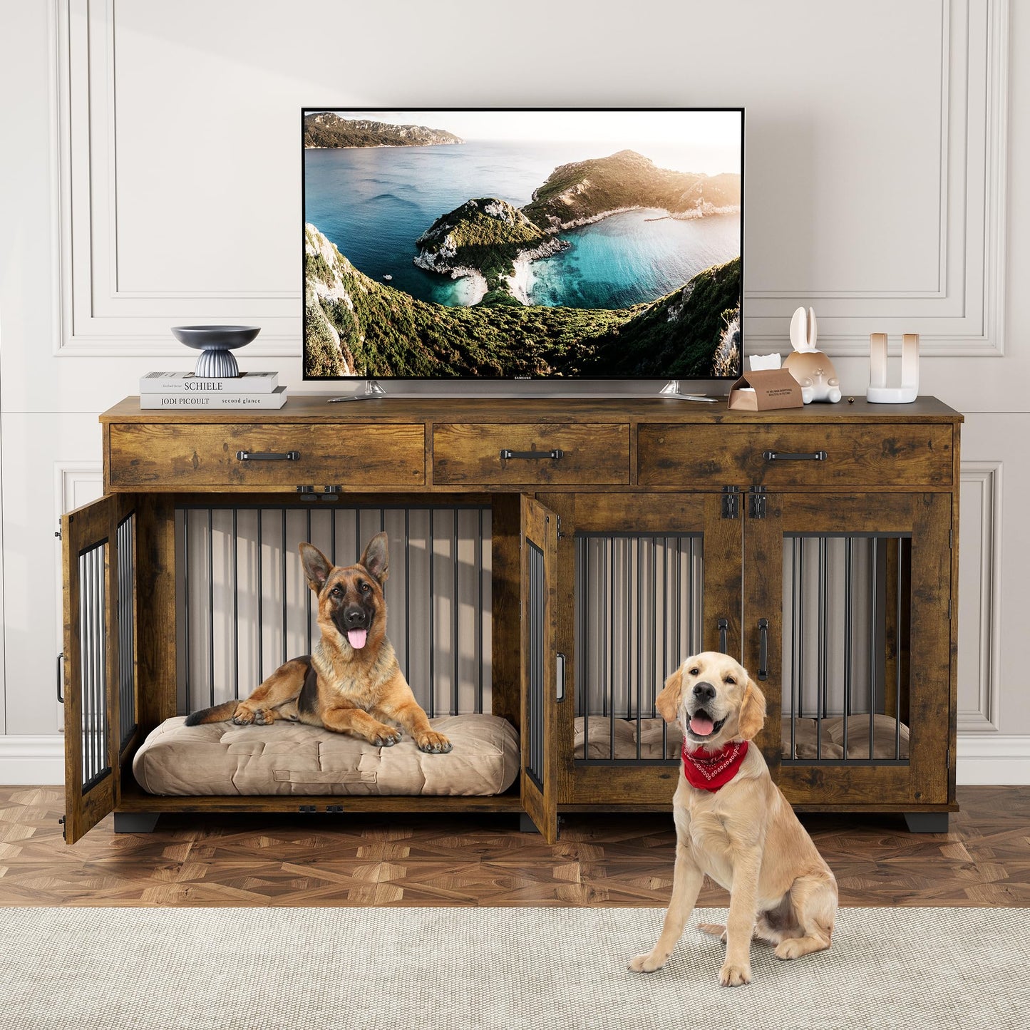 71'' Dog Crate Furniture for 2 Dogs, Wooden Double Dog Crate with 3 Drawers and Removable Room Divider, XXL Indoor Dog Kennel TV Stand End Table with Double Doors for Large Medium Dogs, Rustic Brown