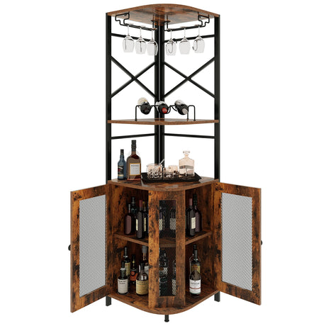 Osfvolr Bar Cabinet w/Wine Rack and Glass Holder, Corner Cabinet with Mesh Door, Corner Bar Cabinet with Adjustable Shelf, Liquor Cabinet Bar for Home, Rustic Brown Osfvolr