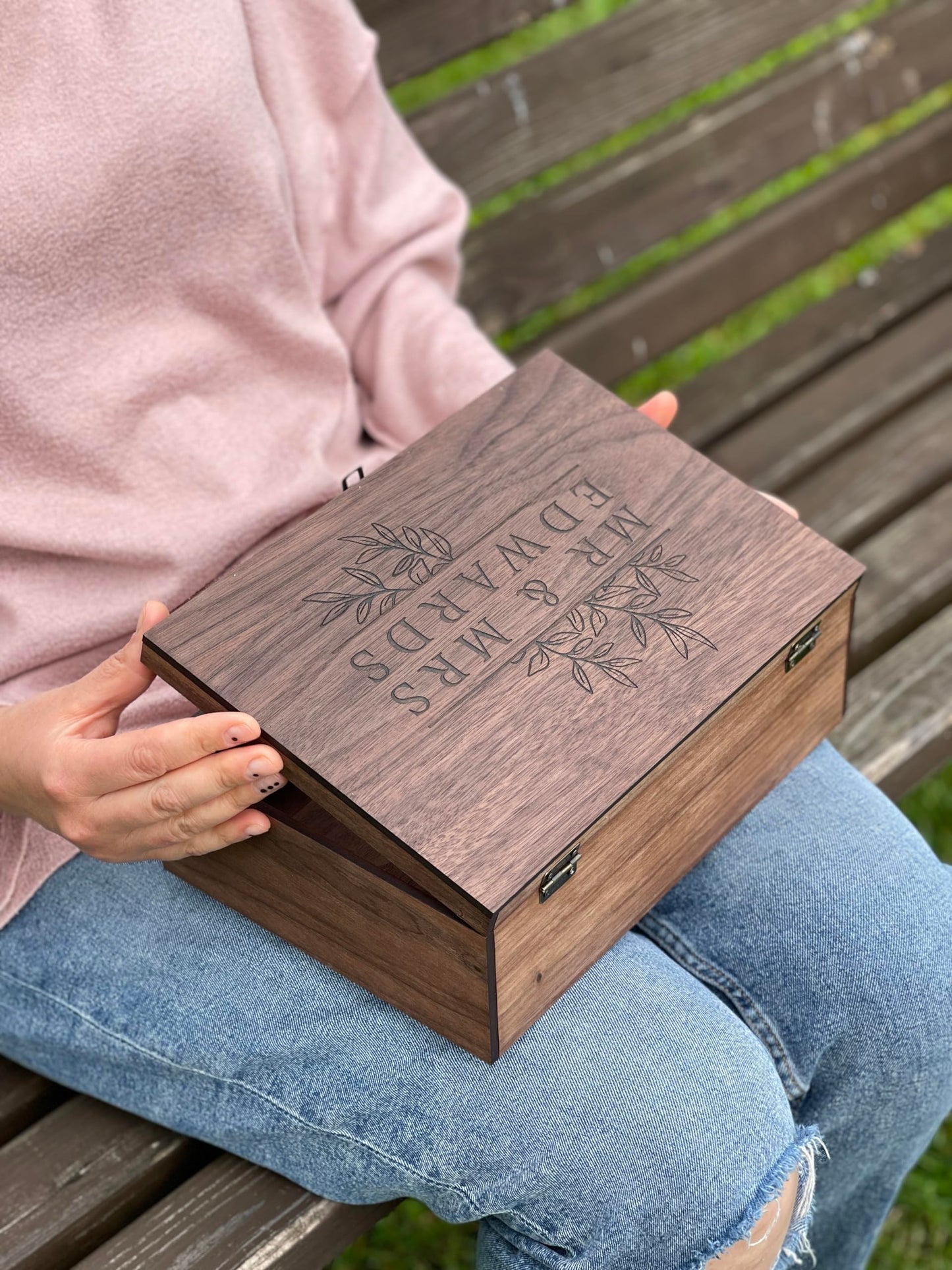 Custom Personalized Wooden Keepsake box - Wedding Card box, Anniversary, Engagement Gift for Couple, Bride, Groom, Wood Memory gift box (Walnut)