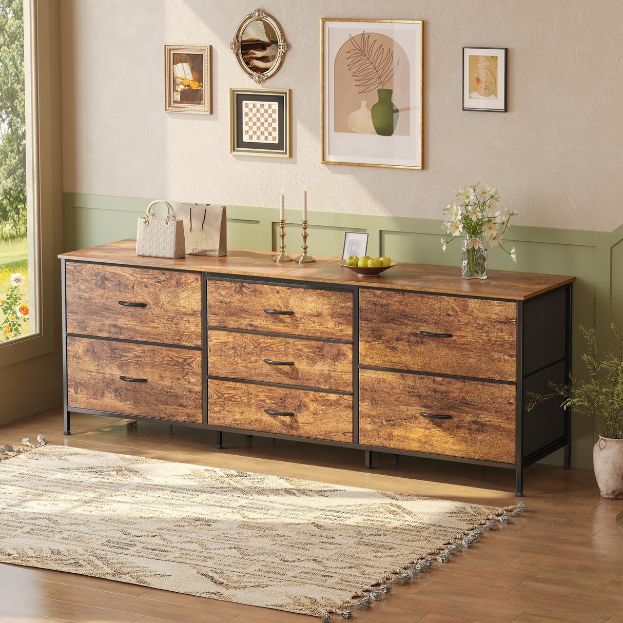 Huuger Dresser for Bedroom, 63 Inch TV Stand for 55, 65, 70 Inch TV, Long Fabric Dresser with 7 Drawers, Chest of Drawers for Storage, Closet, Clothing, Rustic Brown Huuger