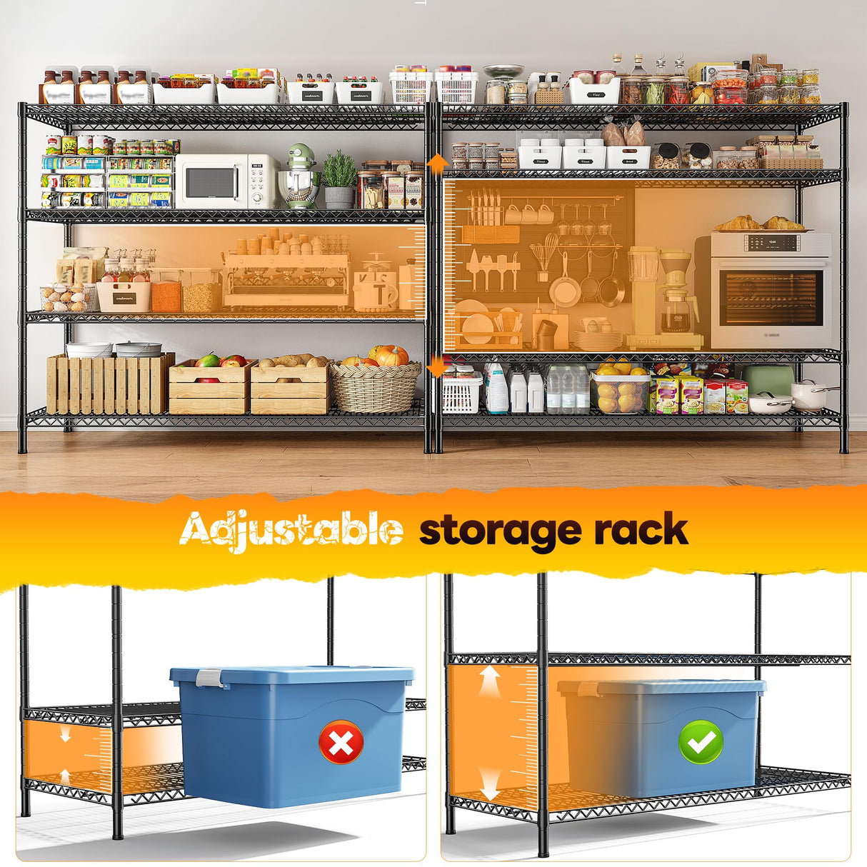 REIBII 2560LBS Storage Shelves 55.5"W Metal Shelving Unit 4 Tier Wire Shelving Commercial Adjustable Garage Shelving Heavy Duty for Storage Rack for Pantry, Garage, Kitchen, 55.5"W x 18"D x 55.5"H REIBII