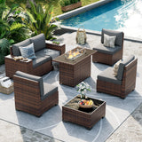 UDPATIO Patio Furniture Set with Fire Pit Table, 8 Inch Armrest Outdoor Sectional Sofa, 7 Piece Wicker Outdoor Furniture Conversation Sets with Waterproof Cover for Backyard Deck(Brown/Dark Grey) UDPATIO