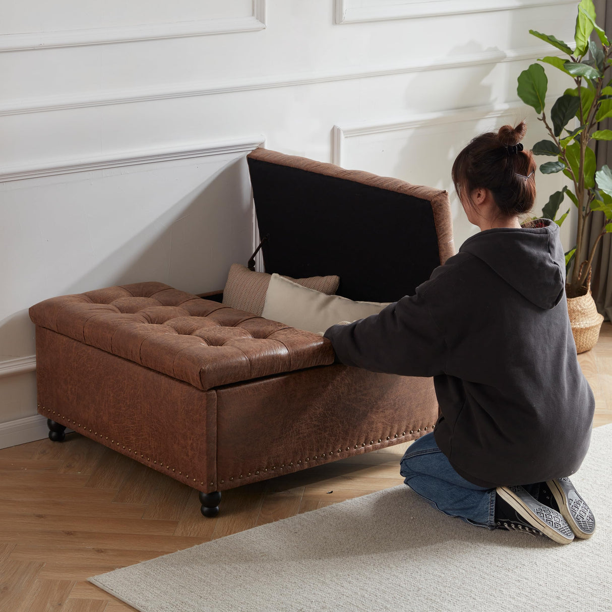 Tbfit Large Square Storage Ottoman Bench, Tufted Upholstered Coffee Table Ottoman with Lift Top & Solid Wood Legs, Oversized Storage Ottomans Toy Box for Living Room (Brown) Tbfit